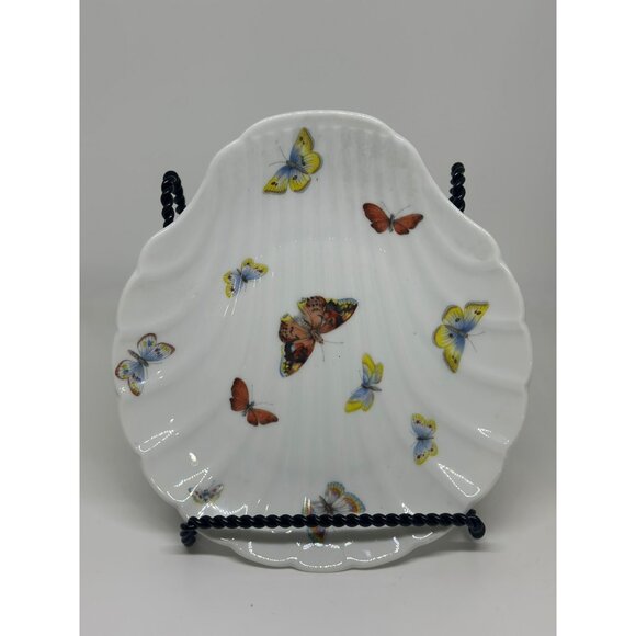VTG Limoges France Porcelain Seashell Dish Hand-Painted Butterflies 9.25" White - Picture 1 of 7